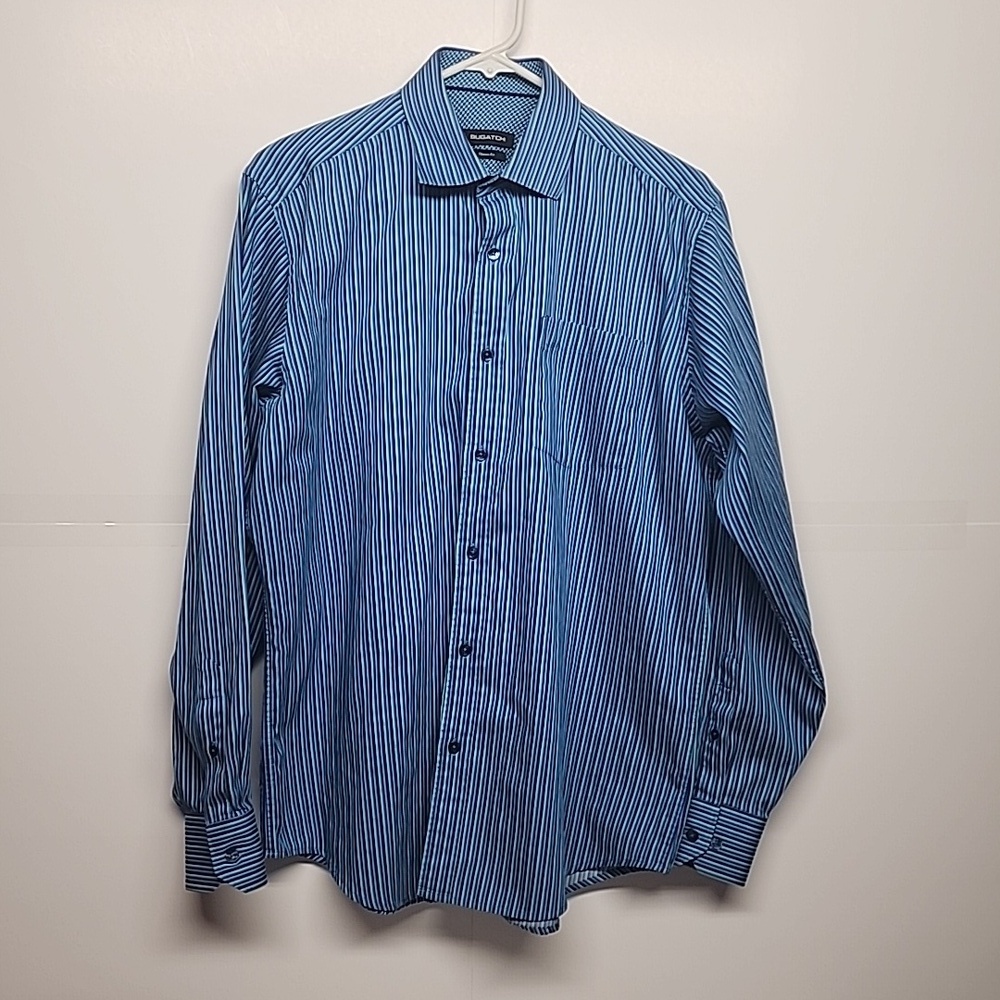 Bugatchi classic fit blue striped long sleeve button down 1 pocket shirt